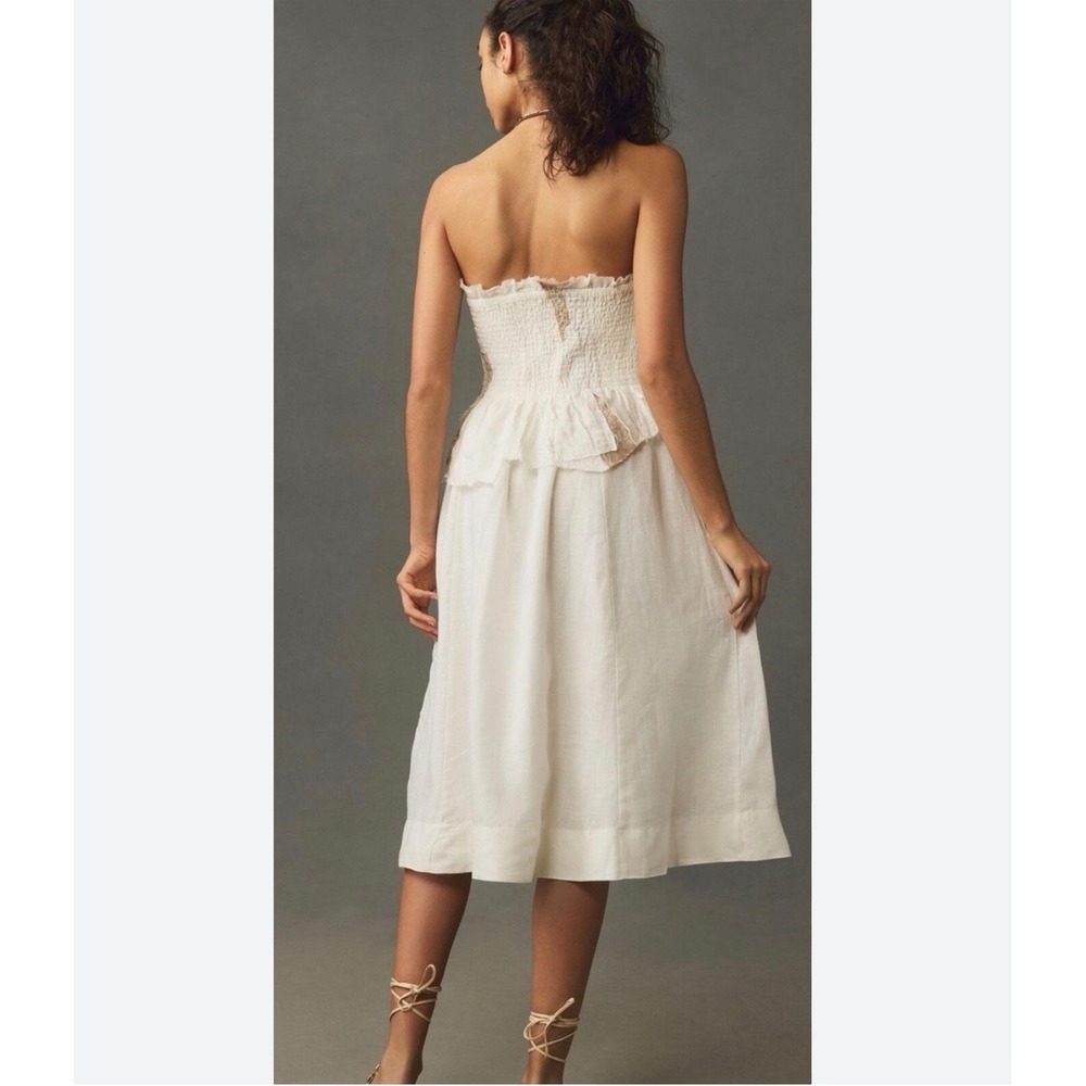J4 Anthro Hemant & Nandita White Smocked Strapless Linen Midi Dress Lace Trim S - Picture 4 of 13